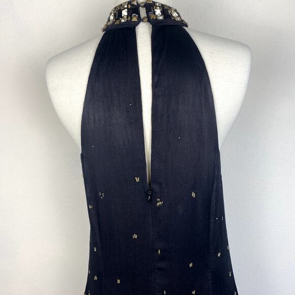 Anthropologie Beaded Halter Dress Black Flapper Gold Sequin Fringe Gatsby Party - Picture 5 of 12